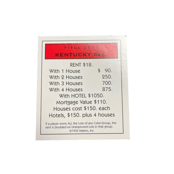 Monopoly Classic Kentucky Ave Property Title Deed Card Replacement  Replacement - Picture 1 of 2